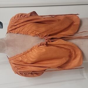 Zara, Size L, Burnt Orange, Crease Effect, Silky, Gathered Accents Top, EUC